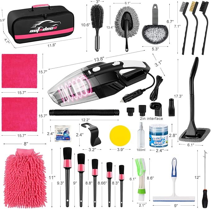 AUTODECO 39Pcs Car Cleaning Wash Kit Interior Detailing Cleaner Kit with High Power Handheld Vacuum, Brush Set, Windshield Tool, Duster, Towels, Tire Brush, Complete Car Care Tools, Pink