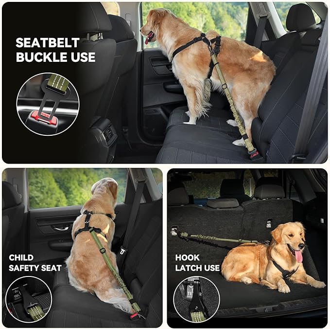 Pawaboo 2Pack Dog Seatbelt for Car, 3-in-1 Dog Car Seat Belt, Shockproof Dogs Tether with Buckle & Hook Latch, Adjustable Reflective Dogs Cars Leash with 360° Lockable Buckle, Army Green + Black