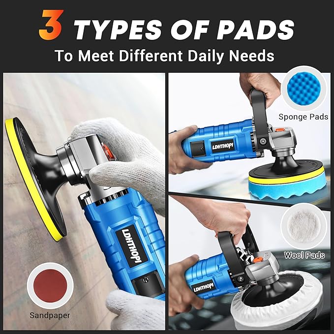 LDHTHOPI 1600W Buffer Polisher, 6/7 inch Polishing Machine with 1000-3000 RPM 7 Adjustable Speeds/Detachable Handle Waxer, Car Polisher for Auto Detailing, Waxing, Paint Correction