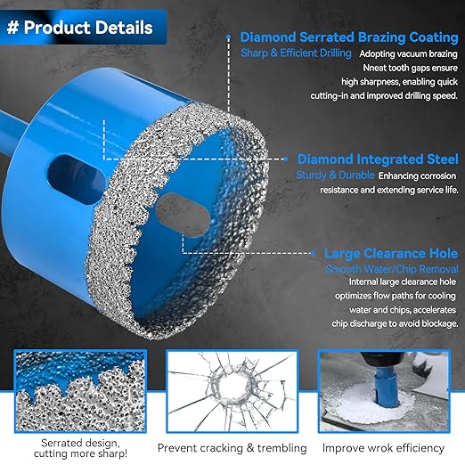 Diamond Hole Saw Tile Drill Bits Kit, 11 PCS Serrated Brazing Tile Core Drill Bits Sets with EVA Hole Saws Guide Jig Hollow Drill Hole Saw for Ceramic, Glass,Tile, Marble,Granite, Gypsum,Wood
