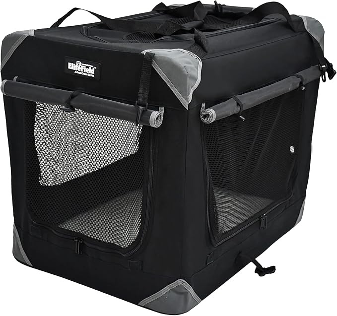 EliteField 4-Door Folding Soft Dog Crate with Curtains, Carrying Bag and Fleece Bed (2 Year Warranty), Indoor & Outdoor Pet Home (36" L x 24" W x 28" H, Black+4 Door Curtains)