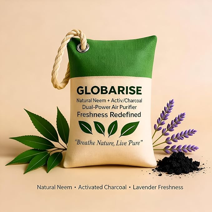 GlobaRise™ Dual Power Charcoal + Neem Odor Absorber Bags Natural Air Purifier Bags for Home, Car, Shoes & Pets | Activated Charcoal Deodorizer Eliminator | Eco-Friendly & Reusable | 100g, Pack of 6