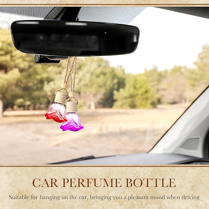 BBTO 50 Pcs Hanging Car Air Freshener Diffuser Bottles Empty Glass Perfume Bottle Pendant for Essential Oil (Colorful, Rose)