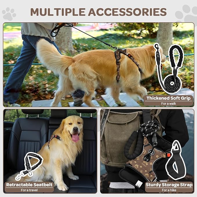 FURRYFECTION Plaid Dog Harness for Small Dogs, Reflective No Pull Adjustable Pet Vest with Front Clip, Leash, Easy Control Handle and Seat Belt, Dark Brown, S