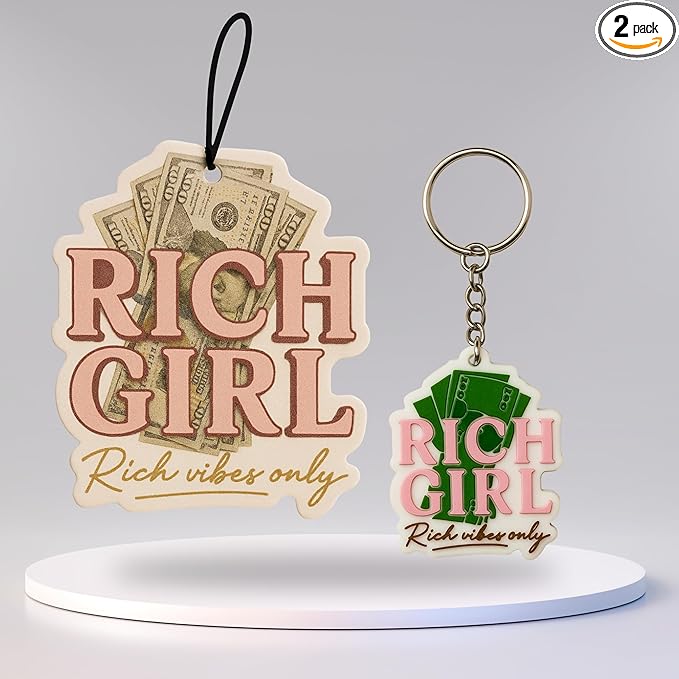 Strawberry Car Air Freshener & Keychain Bundle – Rich Girl Hanging Car Accessory, Cute Aesthetic Gift for Women for Motivation & Positive Energy (Rich Girl – Strawberry)
