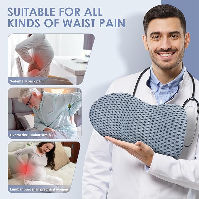 Lumbar Support Pillow, Back Pillow for Low Back Pain Relief, Ergonomic Streamline Car Seat, Office Chair, Recliner and Bed (Gray)