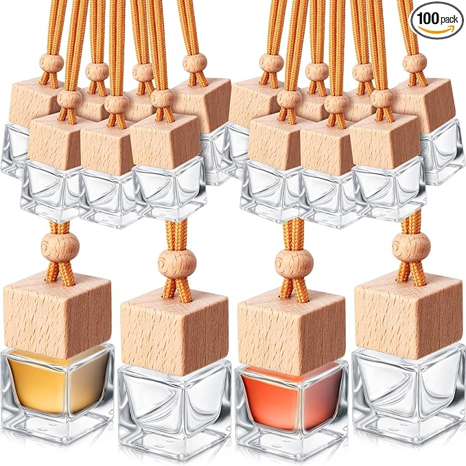 Rtteri 100 Pcs Hanging Car Air Freshener Diffuser Bottles Empty Glass Perfume Diffuser Vials Refillable Oil Aromatherapy Pendant with Wooden Caps and Hanging String for Car Home Office Decor(Square)