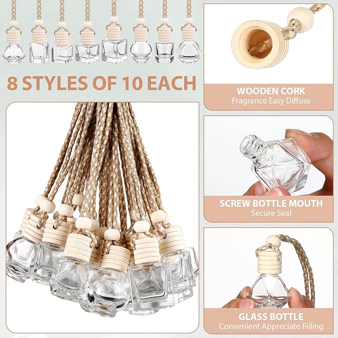 Dandat 80 Pcs 8 ml Hanging Car Freshener Diffuser Pendant Bottle Empty Transparent Glass Aromatherapy Essential Oil Air Diffuser for Perfume Gift with Wooden Caps Lanyard, 8 Assorted Style