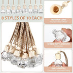 Dandat 80 Pcs 8 ml Hanging Car Freshener Diffuser Pendant Bottle Empty Transparent Glass Aromatherapy Essential Oil Air Diffuser for Perfume Gift with Wooden Caps Lanyard, 8 Assorted Style