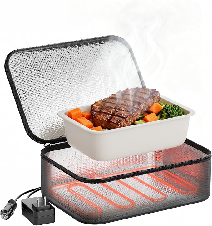 Portable Food Warmer - Heated Lunch Box for Adluts - Electric Thermal Lunch Bag with Buckle Handle, Heating Food Warmer Bags for 12V/24V Car & Truck, 110V/220V Home/Office, Gray