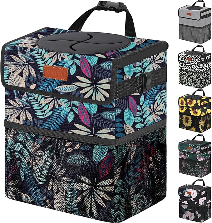 3 Gallons Car Trash Can with Lid, Bag Bin Hanging Waterproof Automotive Car Garbage Cans Leak Proof Vehicle Trash Can for Truck SUV,Colorful Leaves
