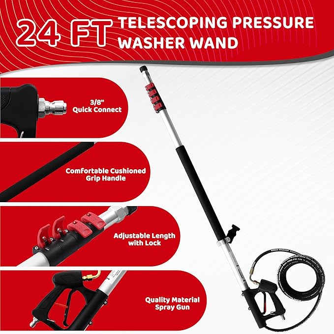 RIDGE WASHER 24 FT Telescoping Pressure Washer Wand, Power Washer Extension Wand with Brush, Telescopic Gutter Cleaner with 3 Stainless Steel Curve Wands, Adjustable Support Belt, 7 Nozzles, 4000 PSI