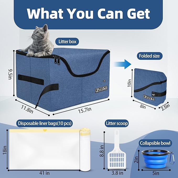 Petskd Portable Travel Litter Box for Cats with Lid and 10 pcs Liner Bags, Light Weight, Leak-Proof and Higher Sides for Road Trips, Hotel Stays, Car Travel(Blue)