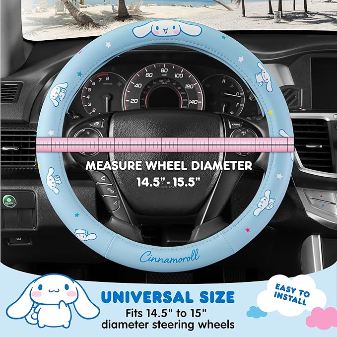 Sanrio Cinnamoroll Car Trunk Organizer & Steering Wheel Cover Set – Cute, Non-Slip, Soft Grip Car Accessories for Women – Collapsible Storage Bin for Groceries, Tools & Travel – 12.5"L x 12.5"W x 9"H