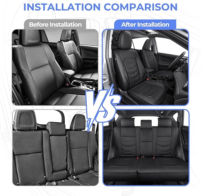 1:1 Custom Car Seat Covers Fit for Toyota RAV4 2013 2014 2015 2016 2017 2018 XLE LE Limited Adventure Full Set Faux Leather Seat Protectors with Armrest Covers and Steering Wheel Cover (5-Seat, Black)