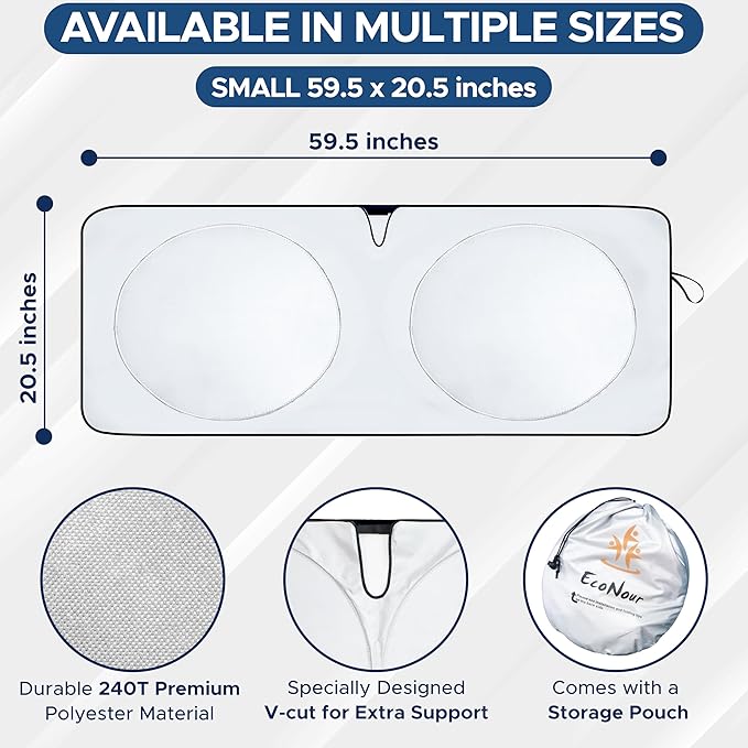 EcoNour Jeep Wrangler Windshield Sunshade | Front Windshield Sun Shade to Protect UV Rays and Heat Glare | Jeep Accessories Cover | Fits Wrangler, Gladiator, Rubicon | X-Small (60"x21")