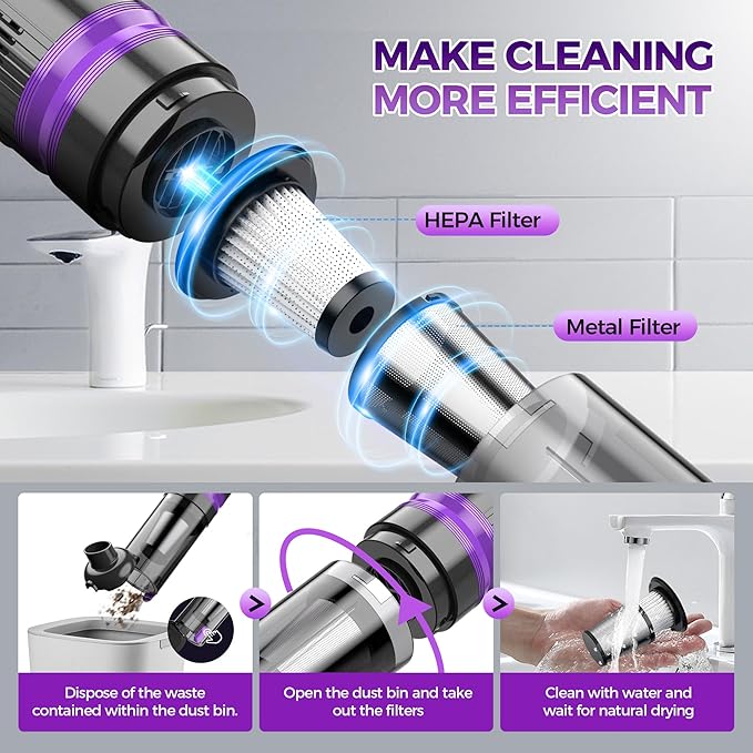 Handheld Vacuum Cordless Rechargeable 2-Speed Modes| 3-in-1 Portable Cordless Vacuum Cleaner with Charging Dock, for Car Home Office and Pet Hair (Purple)