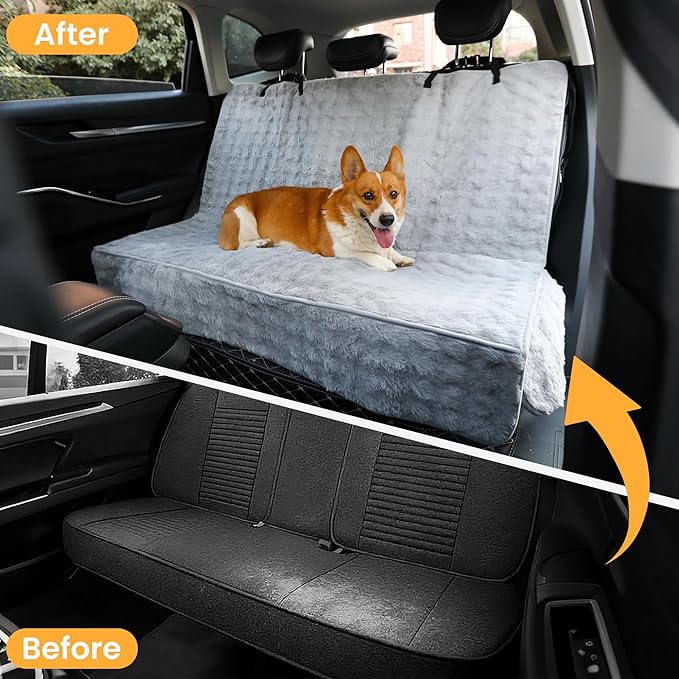 Dog Car Seat Cover for Back Seat & Front Seat, Plush Faux Fur Pet Car Seat Protector with Waterproof Layer, Non-Slip Bottom, Side Flaps, Machine Washable (Back Seat Gray)