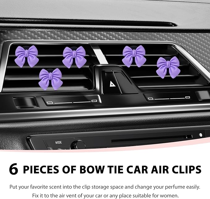 6 PCS Bow Car Air Freshener, Cute Bow Automotive Scent Air Fresheners Vent Clips, Coquette Vehicle Outlet Perfume Diffusers Interior Aesthetic Decorations for Women Girls (Purple)