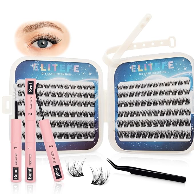 Lash Extension Kit DIY Lash Clusters Kit Eyelash Extensions Individual Lashes Extensions with (Bond,Seal,Tweezers,132Pcs,Dreamy,0.07D,10-16mm)
