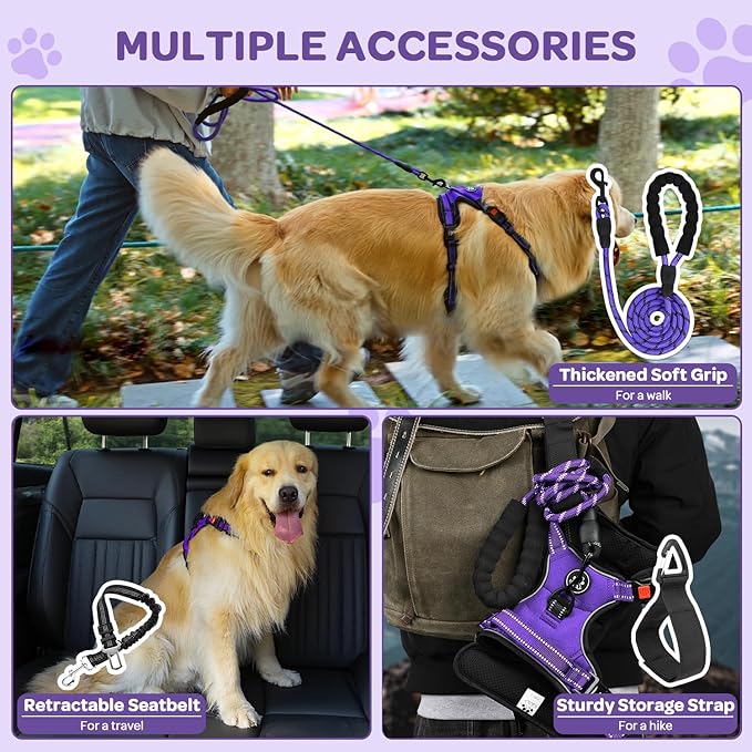 FURRYFECTION Plaid Dog Harness for Large Dogs, Reflective No Pull Adjustable Pet Vest with Front Clip, Leash, Easy Control Handle and Seat Belt, Purple, XL