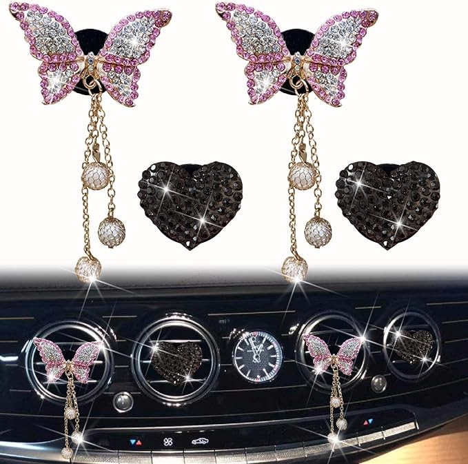 4 Pcs Pink Bling Butterfly and Heart Car Air Fresheners Vent Clips Diffuser Vent Clip Rhinestone Diamond Decoration Car Interior Decor Cute Accessories for Women, Automotive Air Fresheners (Black, 2)