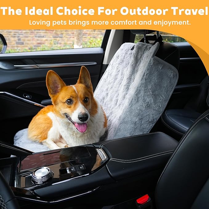 Dog Car Seat Cover for Back Seat & Front Seat, Plush Faux Fur Pet Car Seat Protector with Waterproof Layer, Non-Slip Bottom, Side Flaps, Machine Washable (Front Seat Gray)