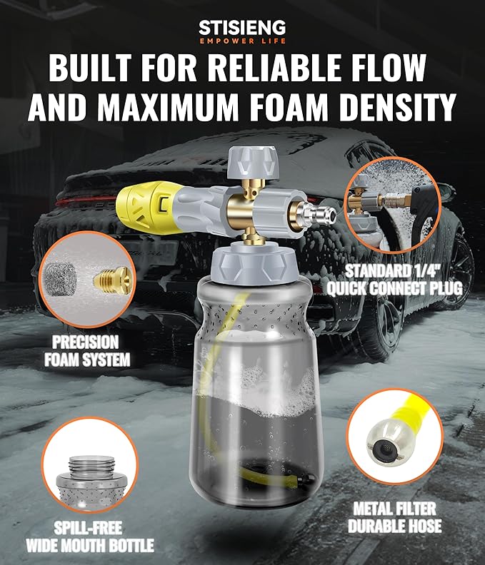 Professional Foam Cannon for Pressure Washer, 1L Wide Mouth Foam Sprayer with Adjustable Nozzle, Heavy Duty Soap Cannon Kit Includes 1.2mm & 1.25mm Orifice for Car Wash