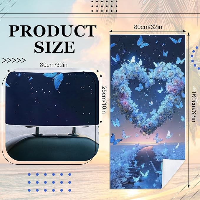2 Pack Car Towel Seat Covers with Storage Bag, Multifunctional Towel for Gym Outdoor Sport, Picnic, Beach, Pet Dog Travel,Non-Slip Washable Car Seat Protector (Blue Heart)