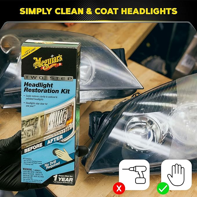 Meguiar's Two Step Car Headlight Restoration Kit, Headlight Cleaner Restores Clear Car Plastic and Protects from Re-Oxidation, Includes Coating and Cleaning Solution - 4 Count (1 Pack)