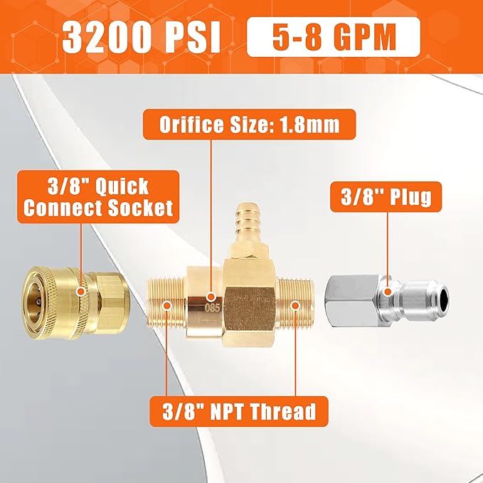 PWACCS Chemical Injector Kit for Pressure Washer, Downstream Injector with 10 FT Siphon Hose, 5-8 GPM, 3/8 Inch Quick Connect