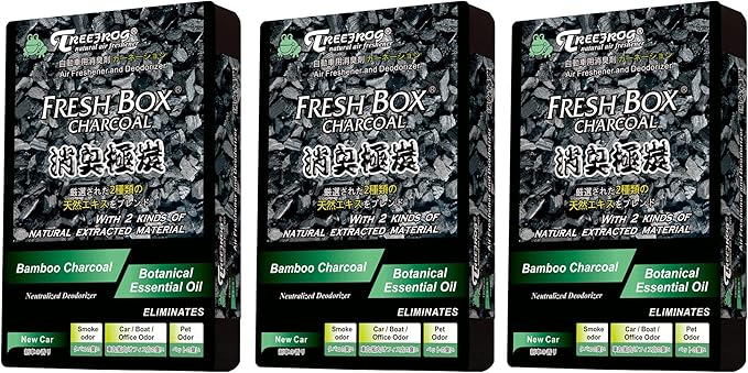 Treefrog Xtreme Fresh Charcoal New Car x3, White Peach Scent x3 Air Freshener, Deodorizer and Neutralizer air, Special Deal Bundle Mixed Pack, Black Bamboo Charcoal, Generously Large Size 200g.