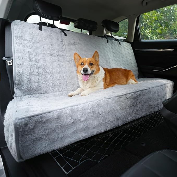 Dog Car Seat Cover for Back Seat & Front Seat, Plush Faux Fur Pet Car Seat Protector with Waterproof Layer, Non-Slip Bottom, Side Flaps, Machine Washable (Back Seat Gray)