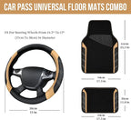 CAR PASS Microfiber Steering Wheel Cover and Waterproof Car Floor Mats,Leather Universal Car Combo Fit for 95% Truck,SUV,Cars,14.5-15inch Sporty Anti-Slip Safety Comfortable Design(Black and Beige)