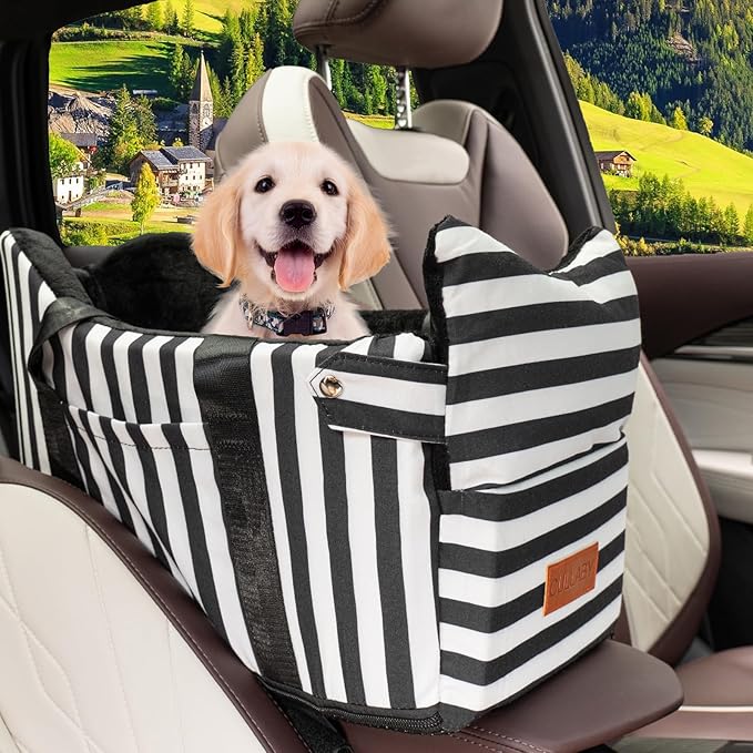 Cullaby Dog Car Seat for Small Dogs Under 15 lbs – Center Console Pet Carrier with Safety Belt, Storage Pockets, Removable Washable Cover – B&W Stripes, Secure & Comfortable for Small Puppies/Cats