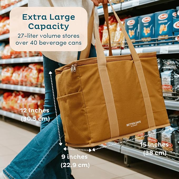 Reusable Insulated Grocery Bag - Canvas, Leak Proof, X Large Cooler Bag, Insulated Shopping Bags for Groceries, Travel Cooler Bag for Frozen and Hot Food with Zippered Top (Caramel)