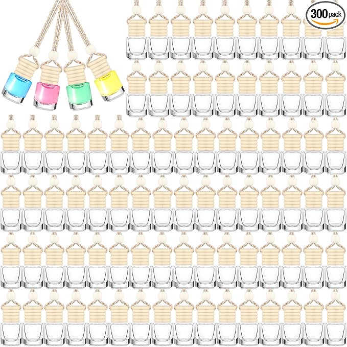 300 Pcs Car Diffuser Bottles with Wooden Cap 4.8ml Empty Glass Perfume Bottles Bulk Hanging Clear Car Diffuser Fragrance Holder Air Fresheners for Aromatherapy(Cylinder)