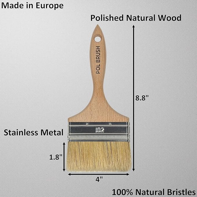 4 Inch Flat Paint Brush - High European Quality - Natural Bristles - for Home, Wood, Walls, Art, Trim & Furniture - for Acrylic, Oil, Stain, Chalk & Latex Paints
