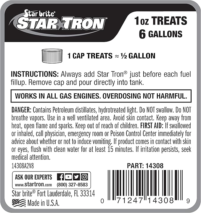 STAR BRITE Star Tron Enzyme Fuel Treatment SEF Gasoline Formula - 1 oz. Treats 6 Gallons - 8 OZ (14308SS)(FFP Certified) (Pack of 4)