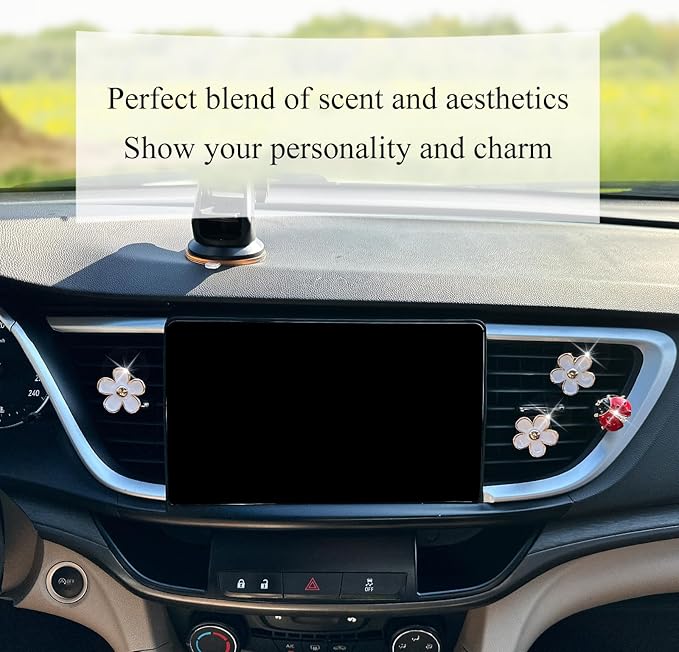 Car Vent Clips,Flowers Ladybug Car Air Freshener,3pcs White Daisy and 1pc Red Ladybug Alloy Car Decor Refillable Diffuser for Women