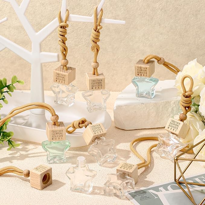 24 Pcs Star Shaped Car Fragrance Diffuser Bottle Bulk - Appreciation Gifts Set Hanging Glass Diffusers with Inspirational Message for Coworker Teacher Staff Thank You Gift (Team)