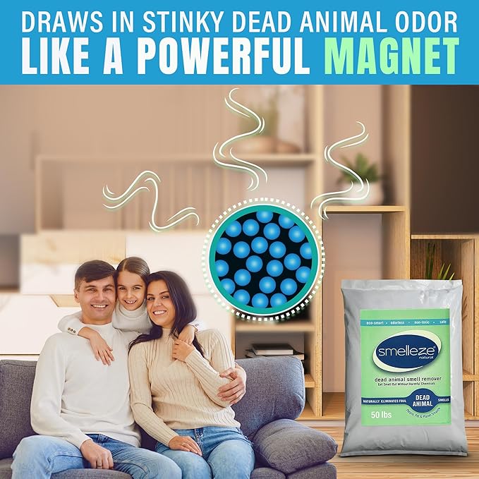 SMELLEZE Dead Animal Odor Eliminator for Strong Odor Removal - Eliminate Dead Rodent & Wildlife Smell - Safe Indoor & Outdoor Use, Natural Odor Remover, Fresh & Effective - Powder, 50 lbs.