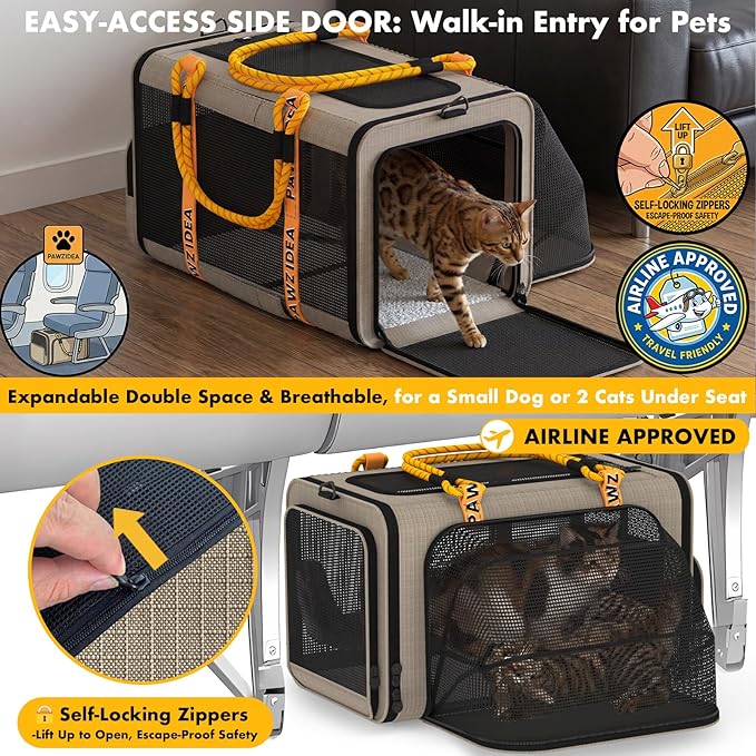 PAWZIDEA Expandable Pet Carrier TSA Airline Approved, 18″×11″×11″ Soft-Sided Top-Load Carriers for Small Dog & 2 Cats Under Seat, Collapsible Puppy & Animal Travel Bag Up to 18lbs, ID Card, Chew-Proof