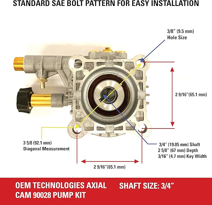 OEM Technologies 3300 PSI 2.4 GPM Replacement Pressure Washer Pump Kit, Horizontal Axial Cam Replacement Pump for Gas Pressure Washer, 3/4" Shaft, Includes Hardware and Siphon Tube (90028)
