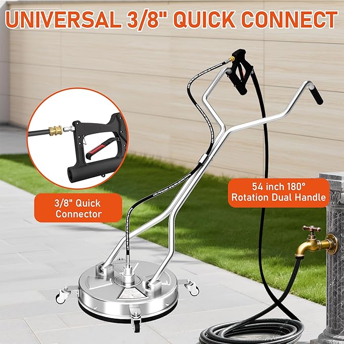 18" Dual Handle Pressure Washer Surface Cleaner with 4 Wheels, 4000 PSI Max Stainless Steel Surface Cleaner for Pressure Washer, 3/8" Inlet Connector, for Concrete, Patio, Sidewalk, Deck