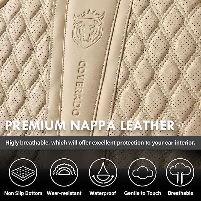 Coverado Car Seat Covers Full Set, Nappa Leather Seat Covers for Car, Waterproof Car Seat Protector with Lumbar Support, Automotive Seat Covers Universal Fit for Most Cars SUV Trucks (Beige)