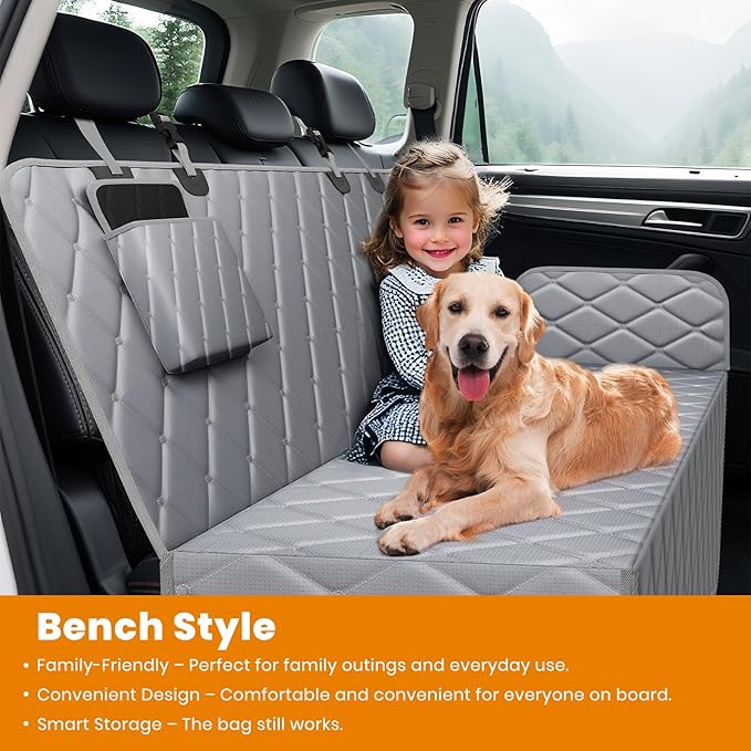 Dog Car Seat Cover for Back Seat 100% Waterproof, Long-Lasting and Soft Nonslip Backseat Cover for Cars, SUVs and Trucks, 600D Oxford Fabric, Grey, Standard (54" W x 59" L)