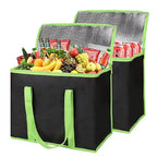 CIVJET 2-Pack Insulated Reusable Grocery Bags, X-Large Insulated Food Delivery Bag for Delivery Drivers, Commercial Food Warmer for Shopping, Tote Cooler Bags, Black with Green Edge