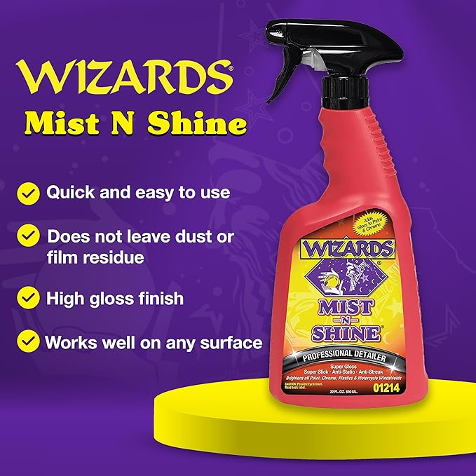 Wizards Mist-N-Shine Detail Spray and Power Clean Wheel and Tire Cleaner - ulti-Purpose High Gloss Finish Waterless Quick Detailer Spray for Glass, Chrome, Paint and Plastics - Non Caustic and No Acid