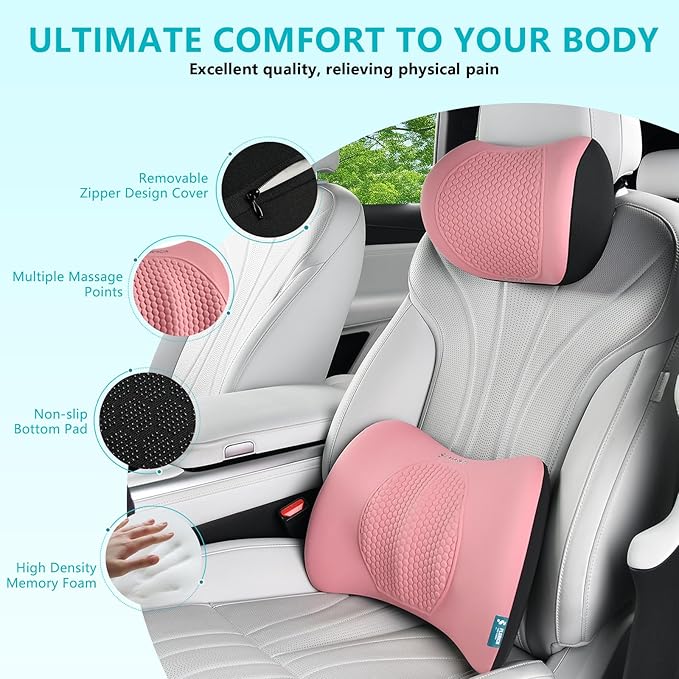 FLORICH Lumbar Support with Car headrest Back Pillow for Chair Headrest Pillow with Gel Memory Foam Massage Point Memory Foam Back Pillow for Office Chair(Light Pink)